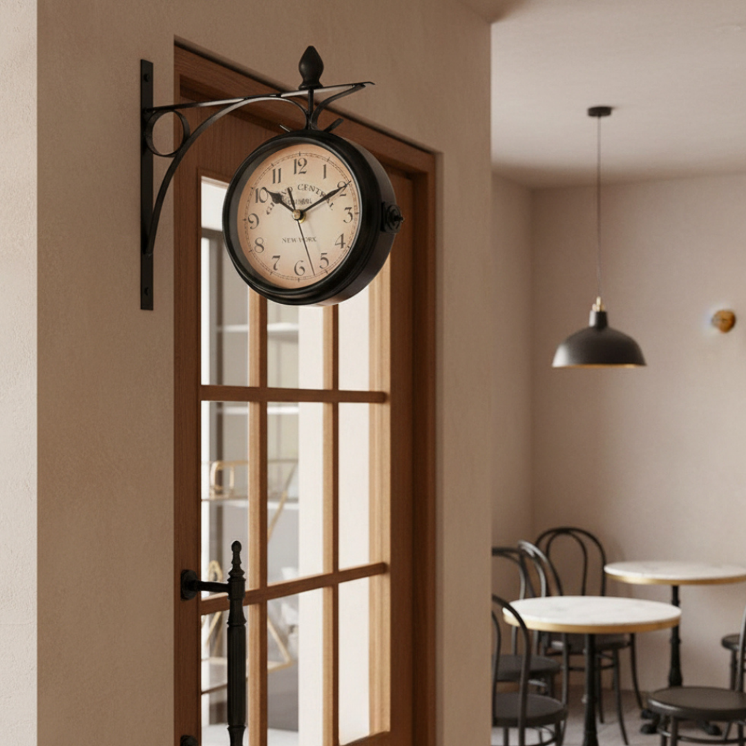 Elara Haus Antique Double-Sided Iron Station Wall Clock – Vintage Railway Design