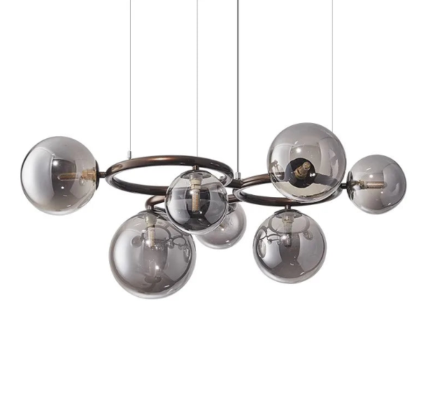 Modern chandelier with glass balls – Designer pendant lamp with smoked shades and a round frame 13