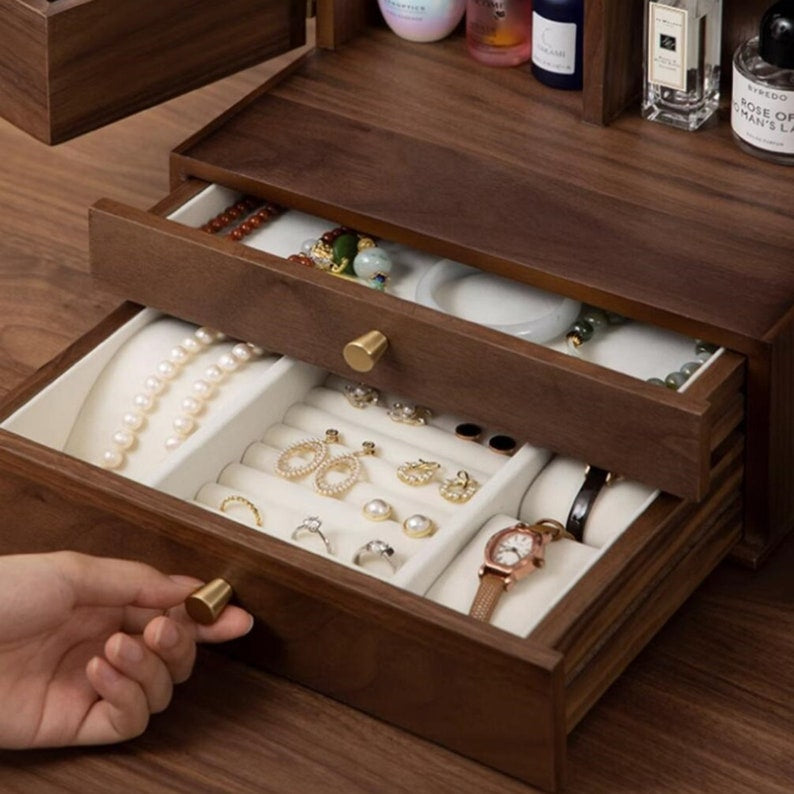 Luxury Solid Walnut Makeup Organizer Box with Drawers and Mirror – Elegant Vanity Storage Cabinet for Jewelry, Cosmetics & Beauty Essentials 9