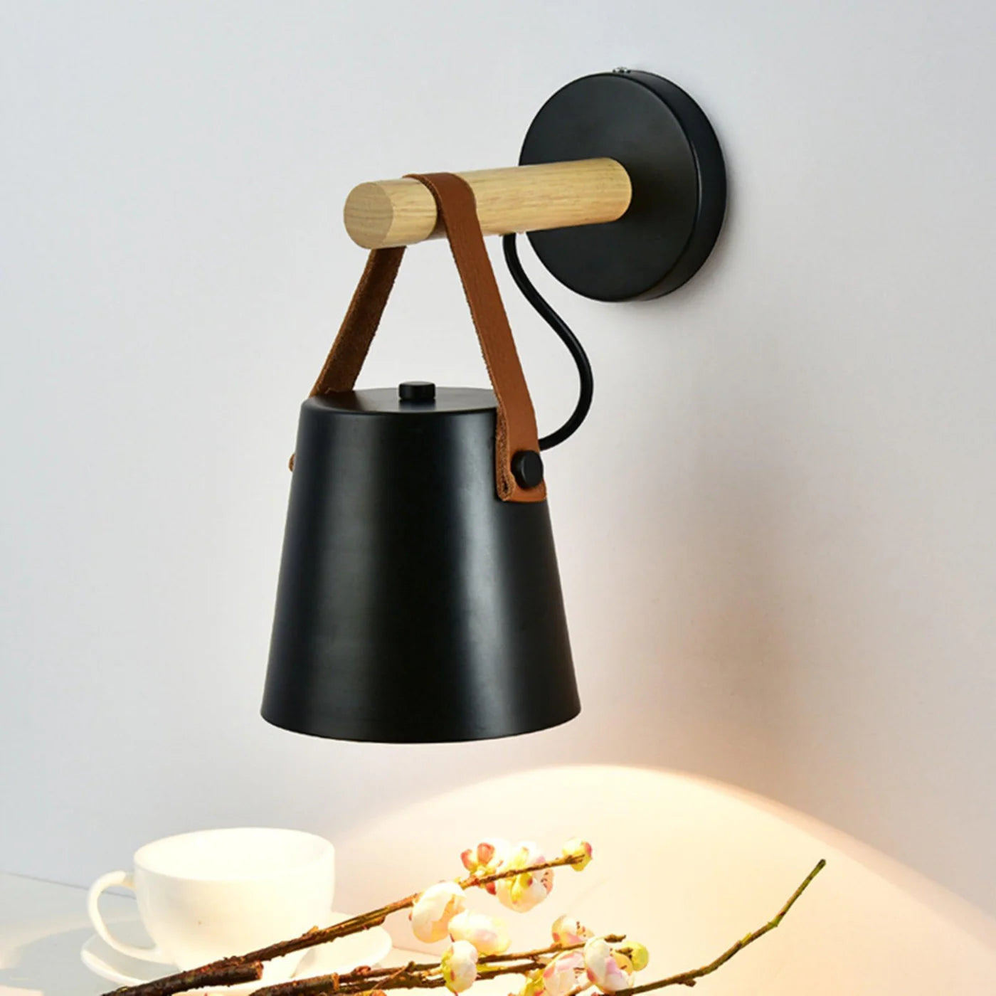 Modern wall sconce with wood and leather elements – Scandinavian minimalism 8
