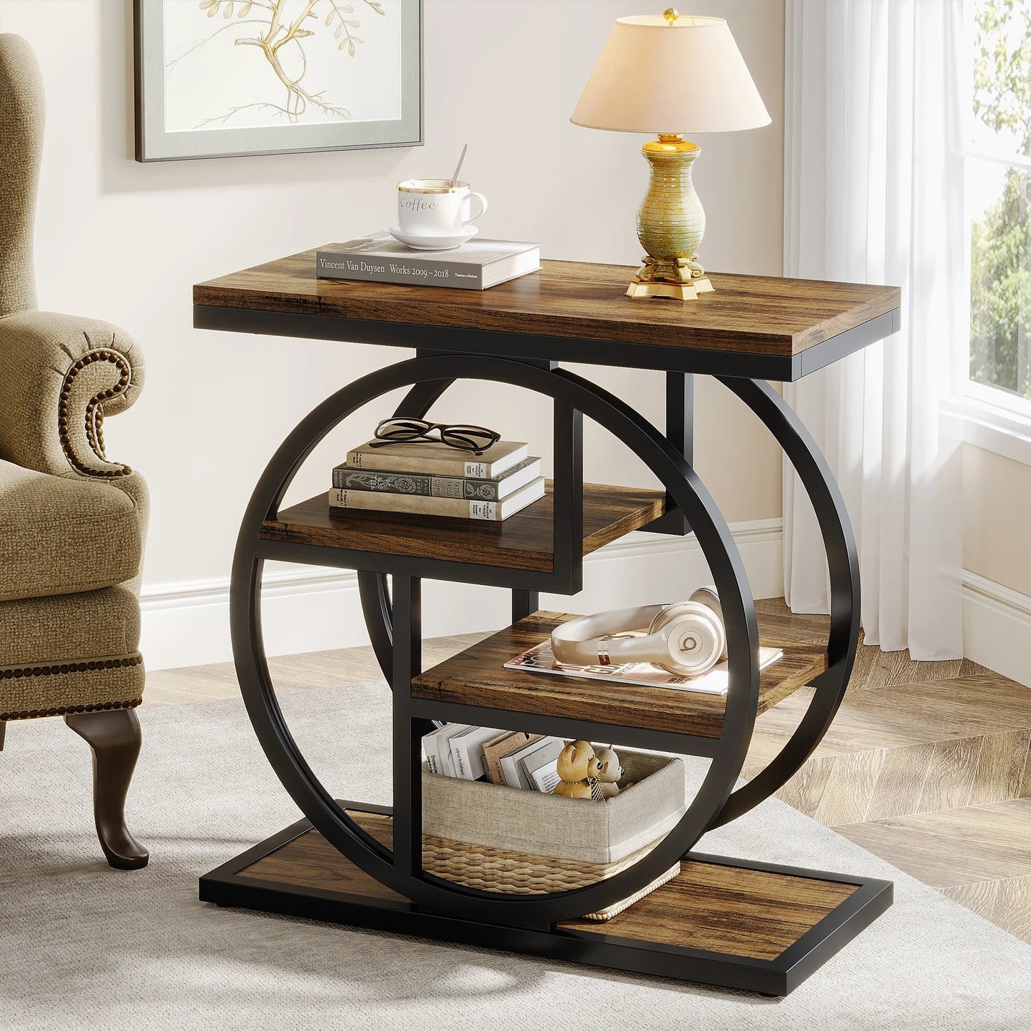Isyvelra - Industrial Narrow Wooden Side Table with 3 Storage Shelves 9