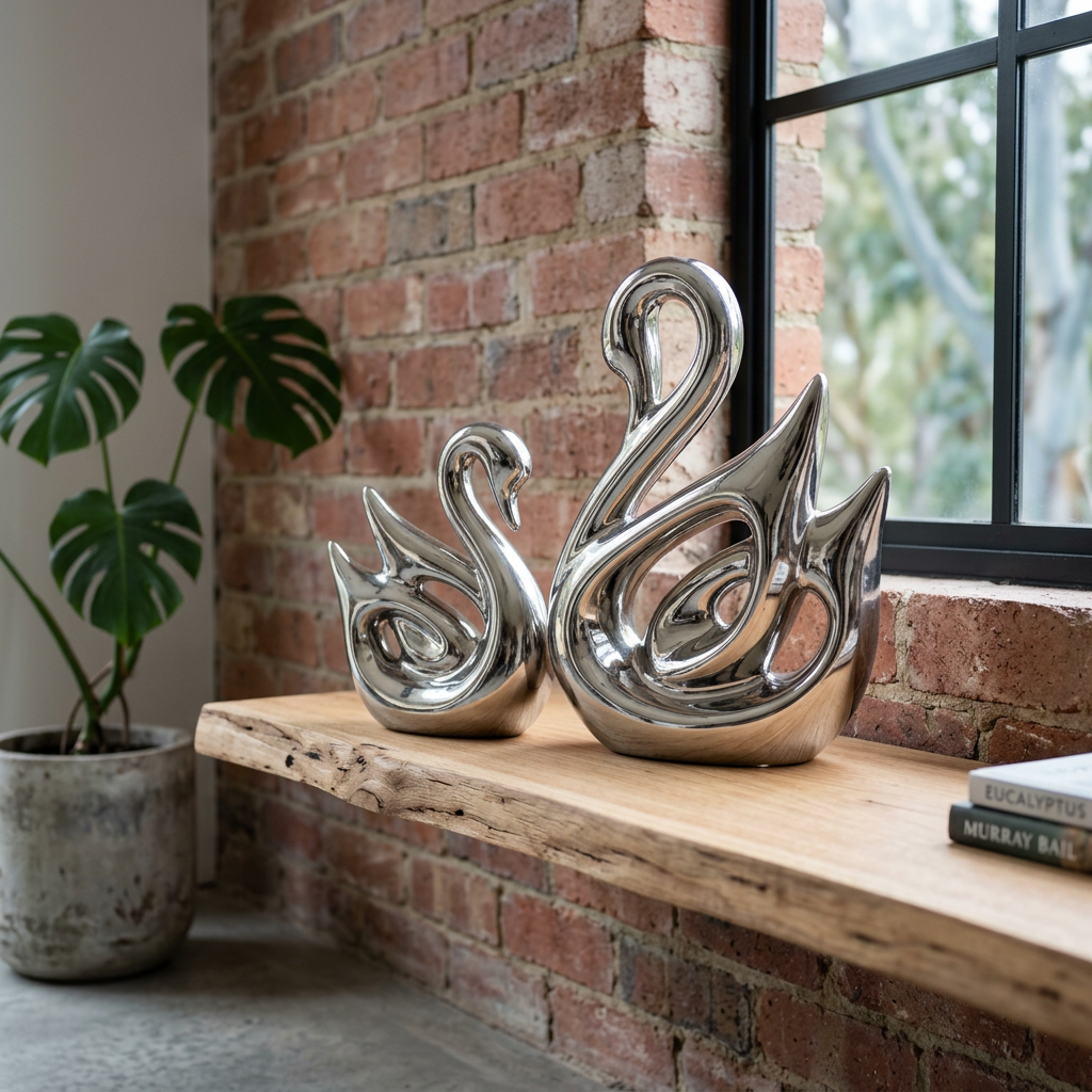 Elara Haus High-Quality Silver Swan Couple Sculpture - Symbolic Home Decor