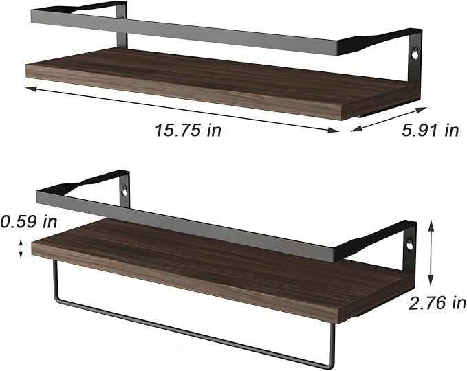 Elara Haus Dual Floating Shelves with Metal Guard Rail and Hanging Rod