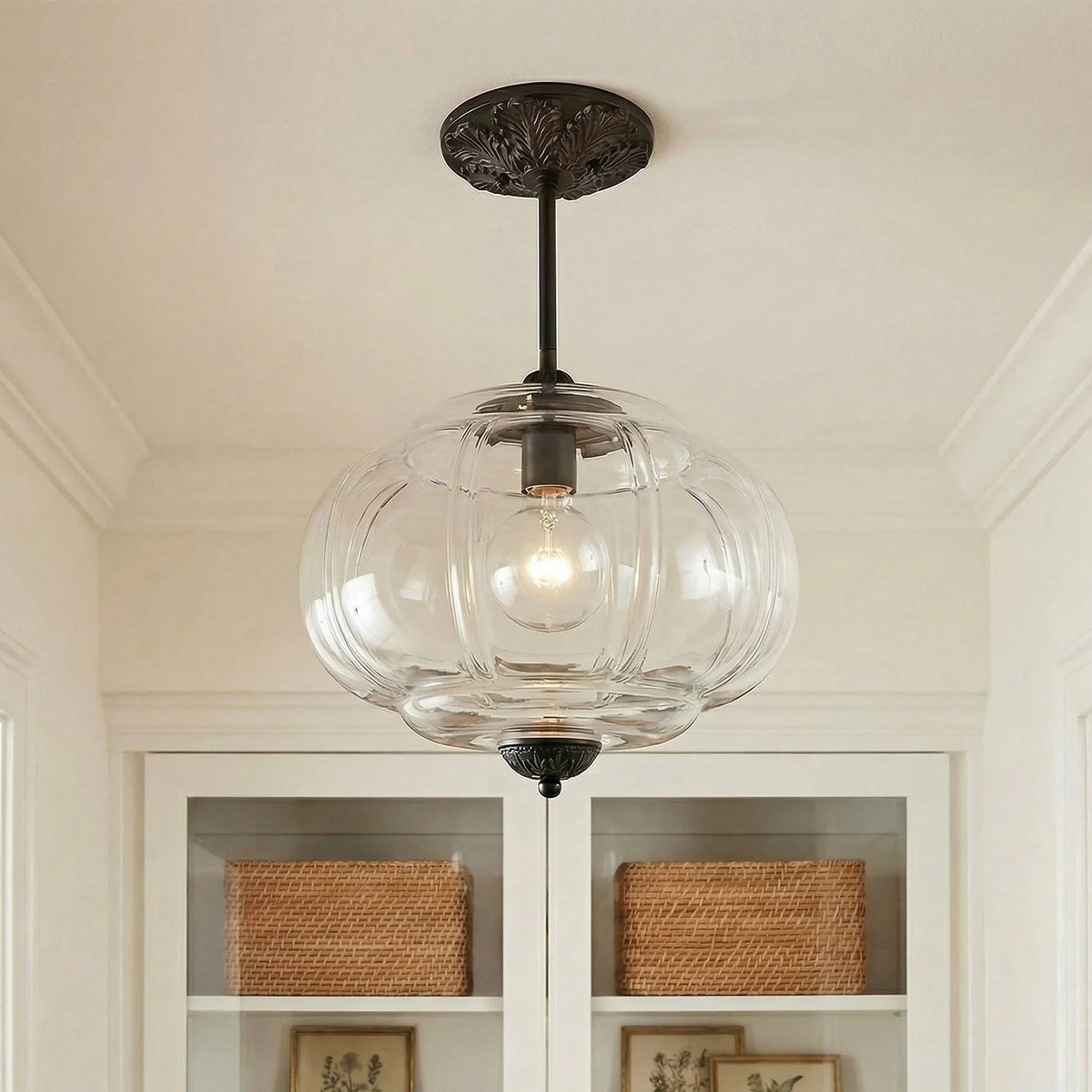 Lumi Antique Brass Green Glass Pumpkin Semi-Flush Mount Eloise Pendant 16