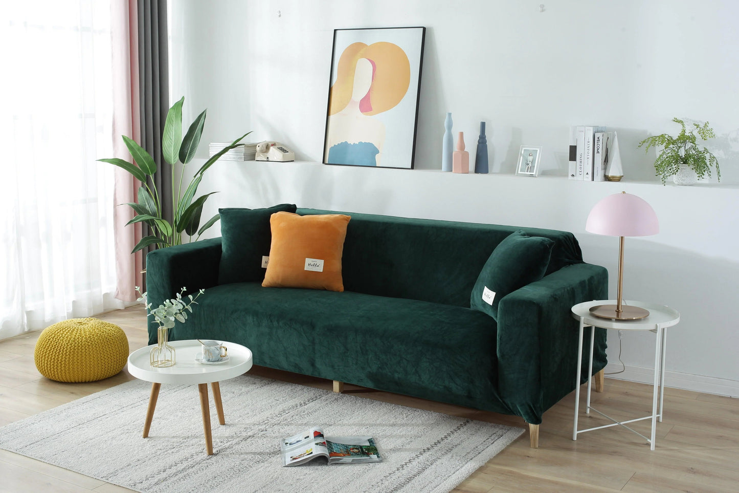 Dark Green Velvet Sofa Cover - Expandable Fit