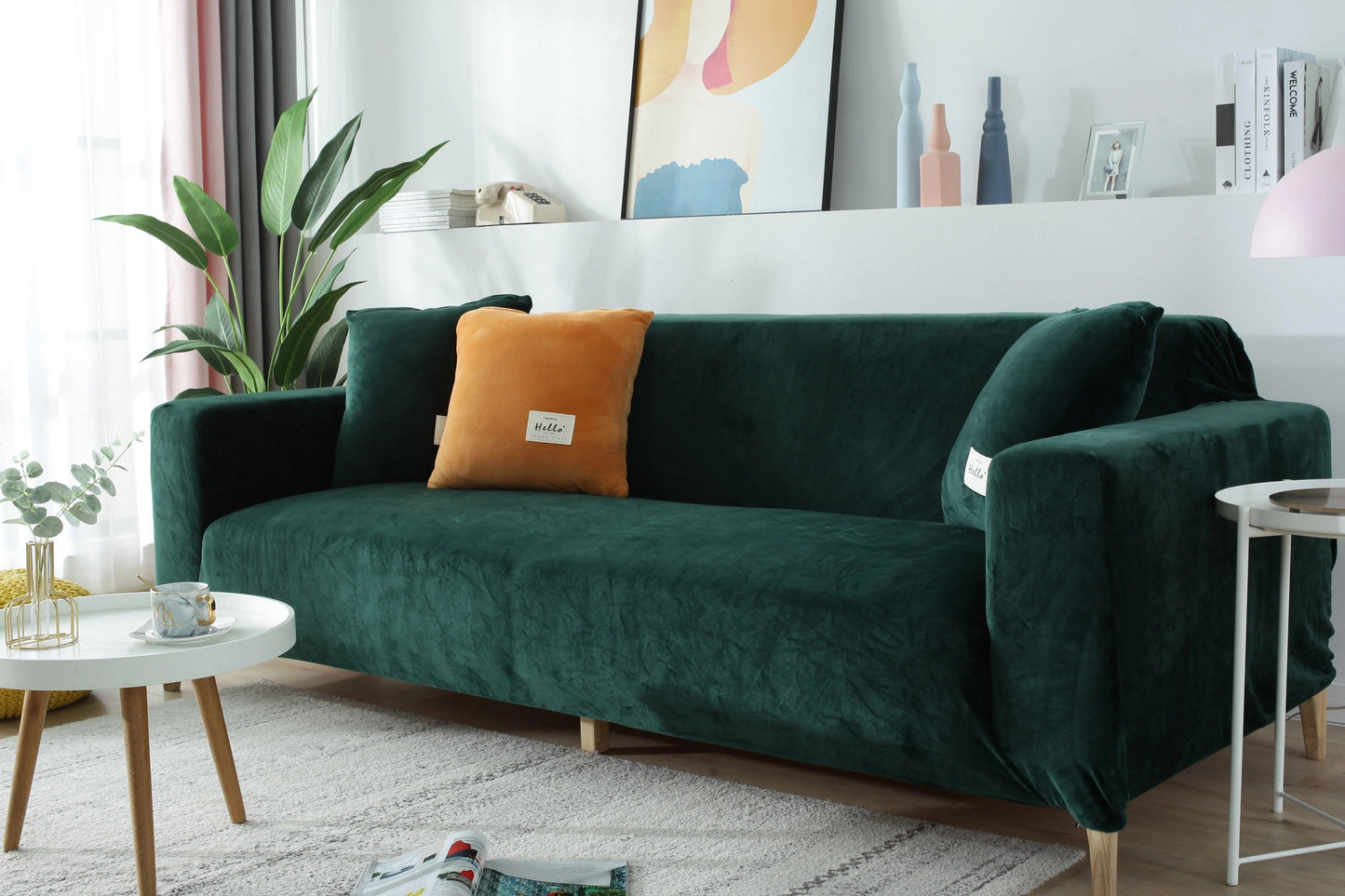 Dark Green Velvet Sofa Cover - Expandable Fit