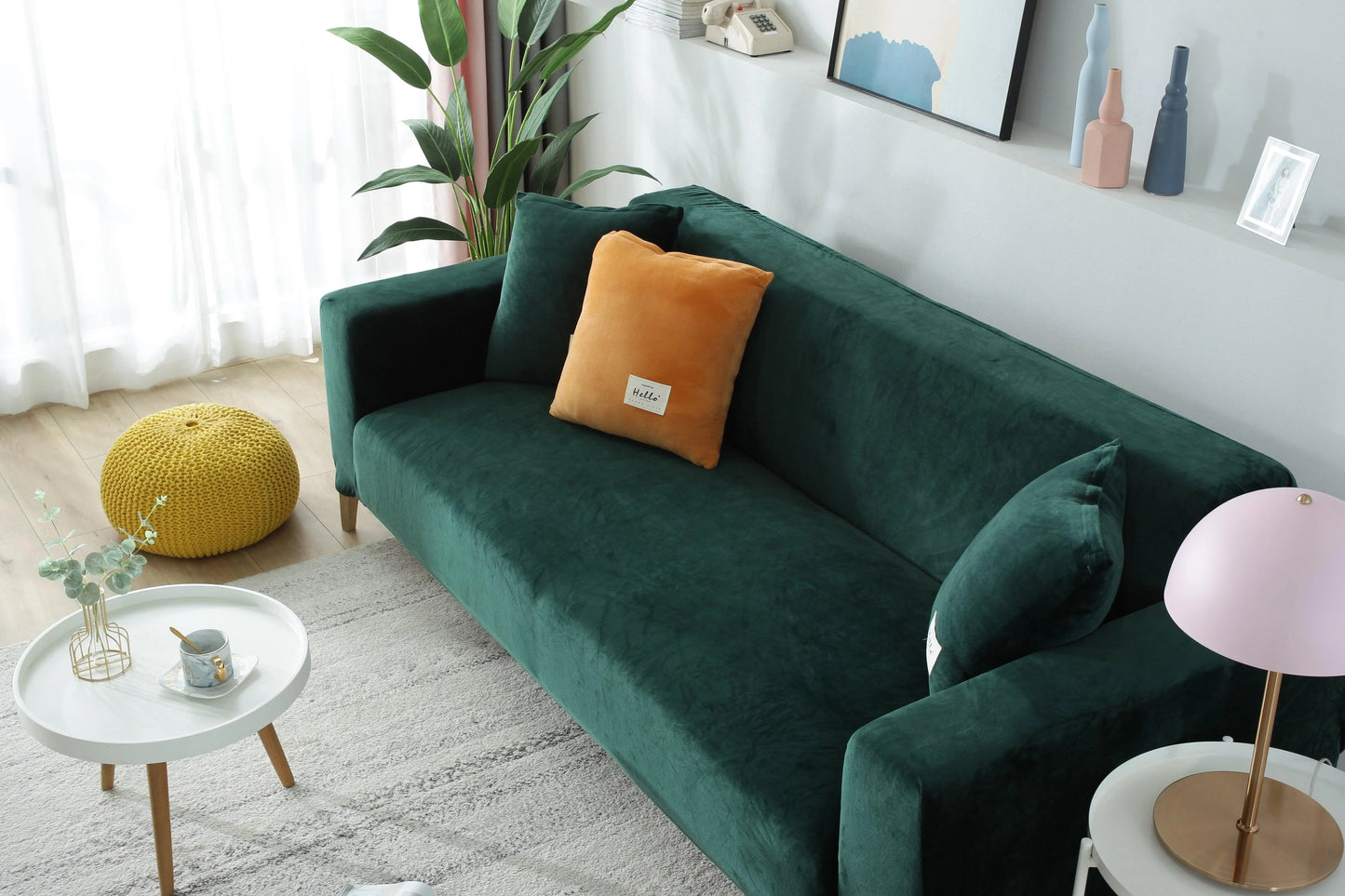 Dark Green Velvet Sofa Cover - Expandable Fit