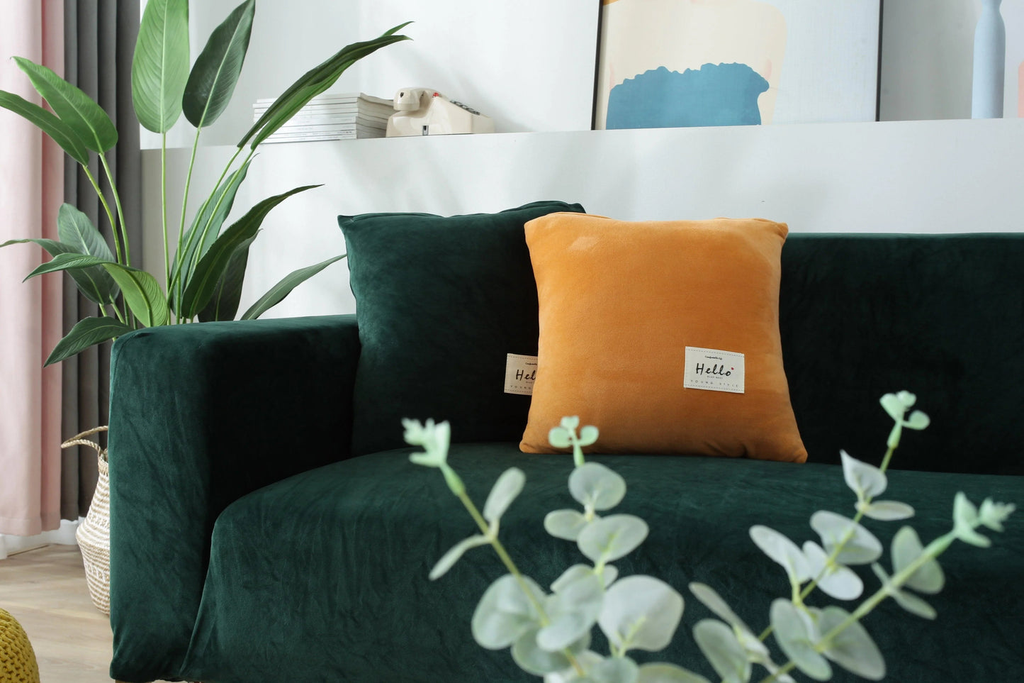 Dark Green Velvet Sofa Cover - Expandable Fit