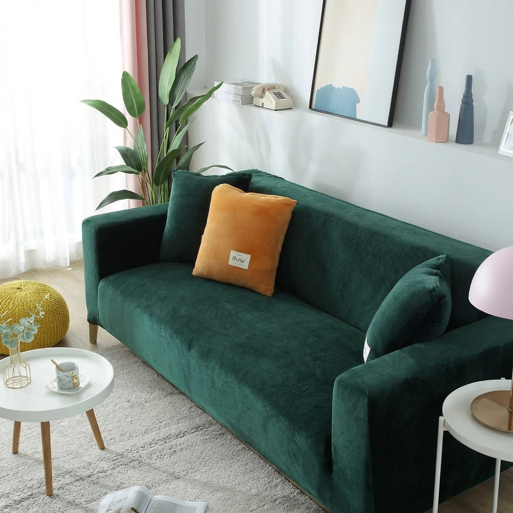 Dark Green Velvet Sofa Cover - Expandable Fit