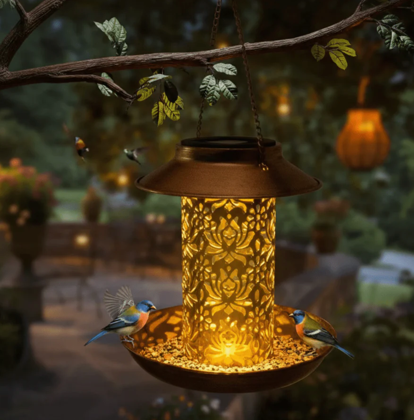 Solar LED garden lamp bird feeder - decorative 2-in-1 hanging lantern 0