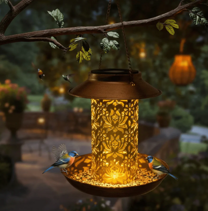 Solar LED garden lamp bird feeder - decorative 2-in-1 hanging lantern 0