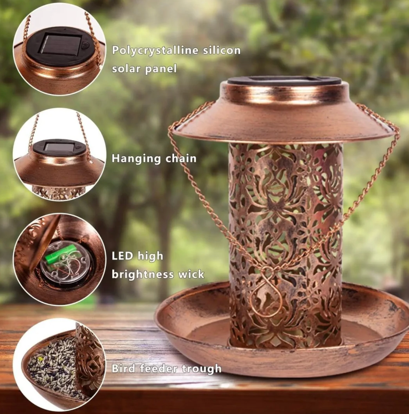 Solar LED garden lamp bird feeder - decorative 2-in-1 hanging lantern 4