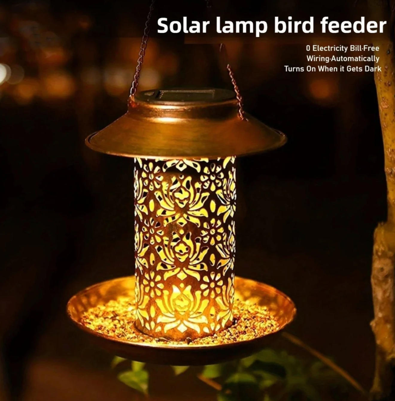 Solar LED garden lamp bird feeder - decorative 2-in-1 hanging lantern 5