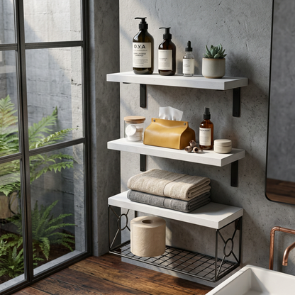 Elara Haus 3-Tier Black Wall Shelves with Wire Storage Basket