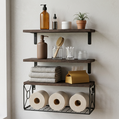 Elara Haus 3-Tier Black Wall Shelves with Wire Storage Basket