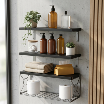 Elara Haus 3-Tier Black Wall Shelves with Wire Storage Basket