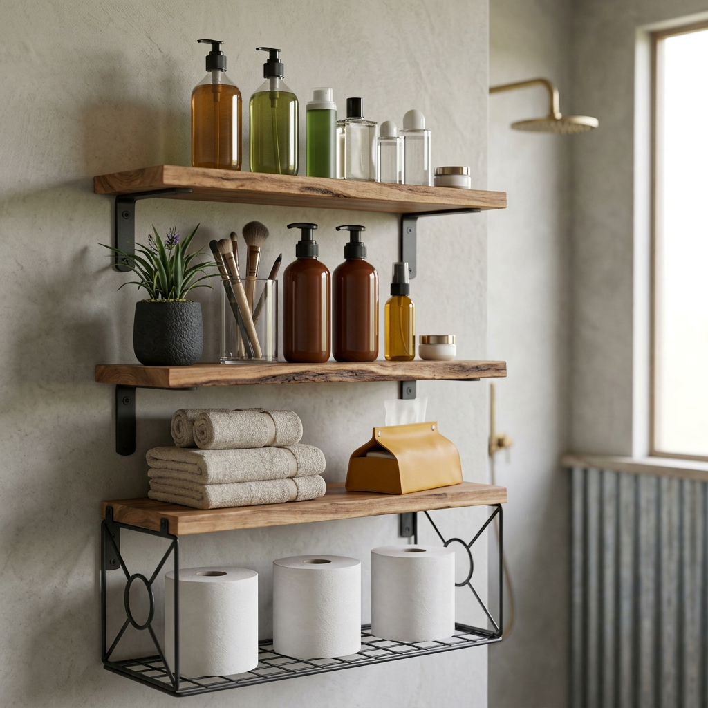 Elara Haus 3-Tier Black Wall Shelves with Wire Storage Basket