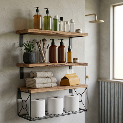 Elara Haus 3-Tier Black Wall Shelves with Wire Storage Basket