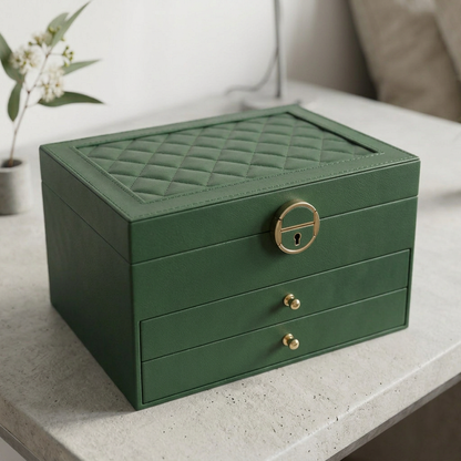 Elara Haus 3-Tier Quilted Jewellery Box with Lock & Key