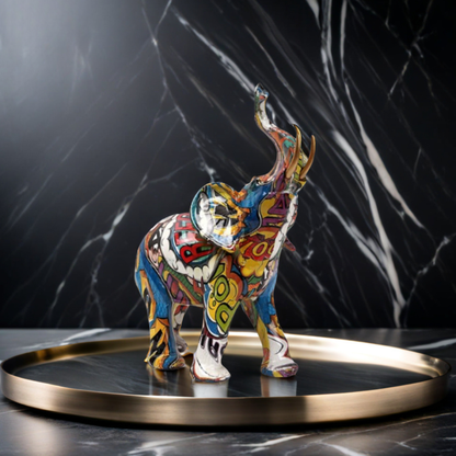 Elara Haus Abstract Graffiti Elephant Figurine with Gold Tusk Accent