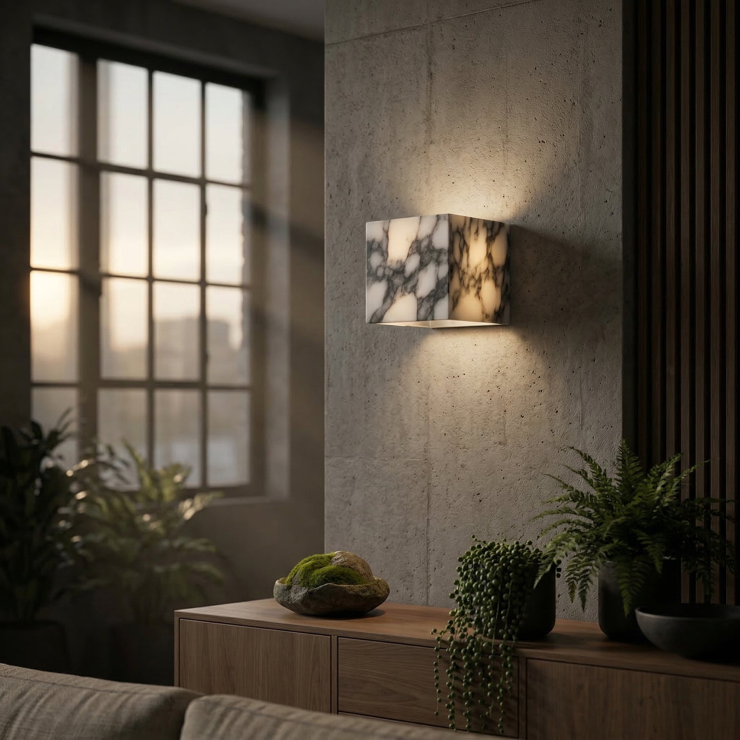 Elara Haus Alabaster Geometric Cube – Veined Stone Translucent Sconce
