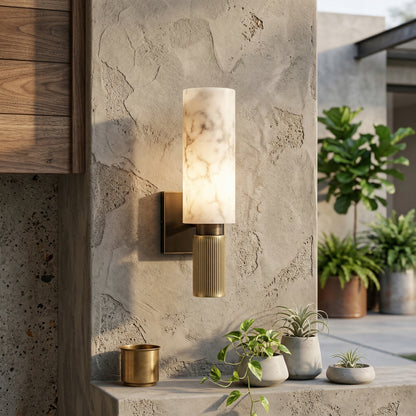 Elara Haus Alabaster Totem – Veined Stone & Fluted Brass Sconce
