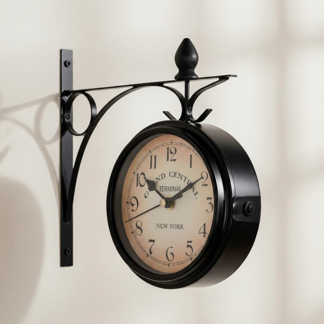 Elara Haus Antique Double-Sided Iron Station Wall Clock – Vintage Railway Design