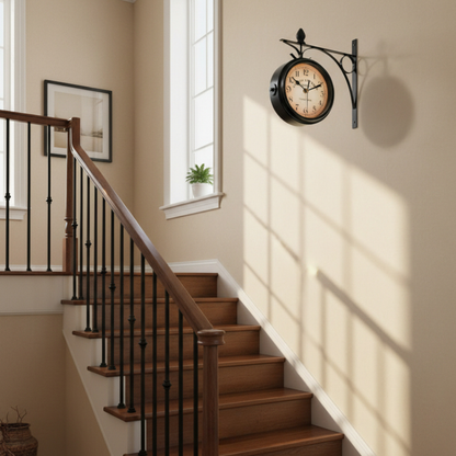 Elara Haus Antique Double-Sided Iron Station Wall Clock – Vintage Railway Design