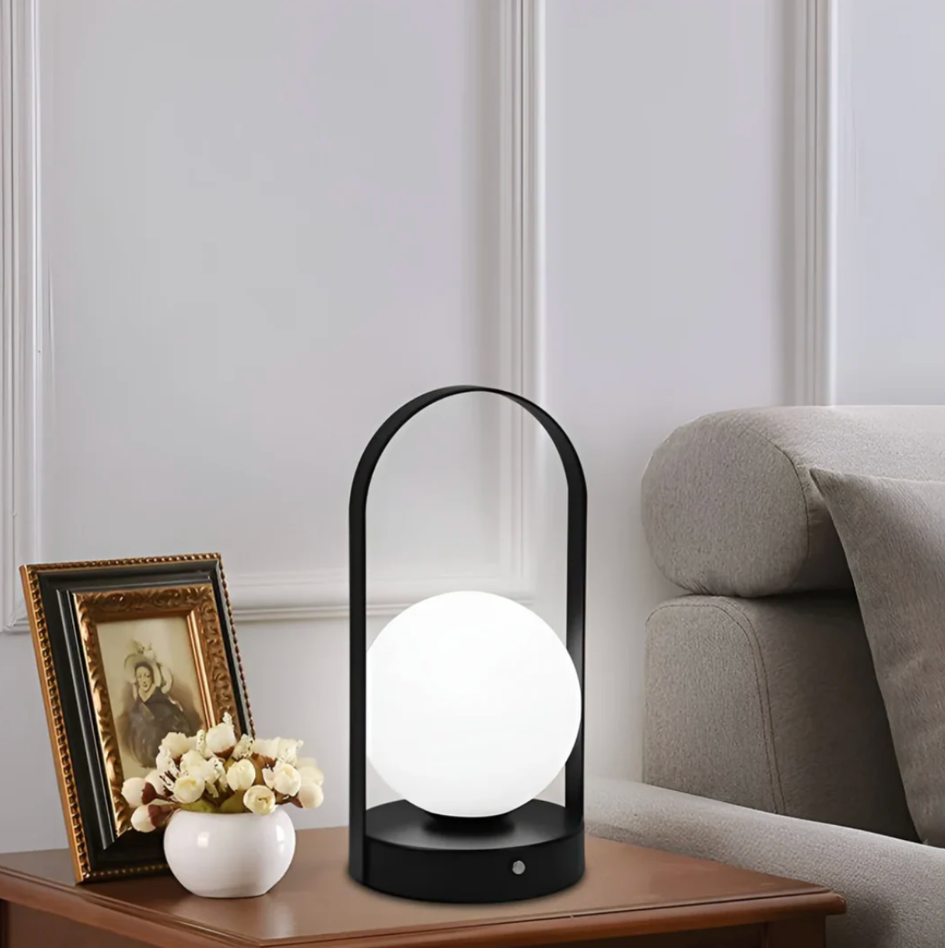 LED table lamp with a spherical shade – a modern decorative lamp with a button 0