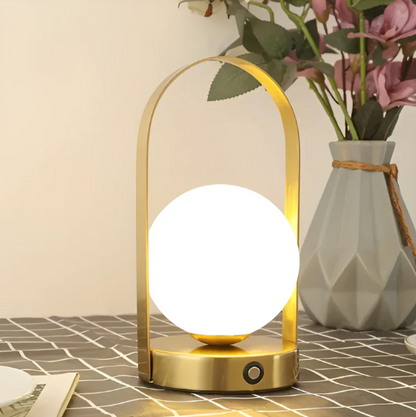 LED table lamp with a spherical shade – a modern decorative lamp with a button 1