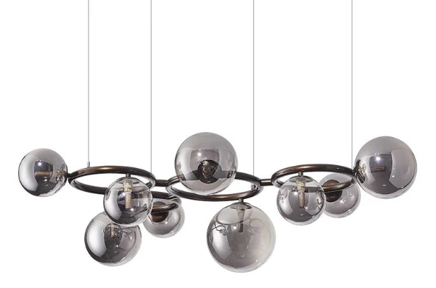 Modern chandelier with glass balls – Designer pendant lamp with smoked shades and a round frame 9