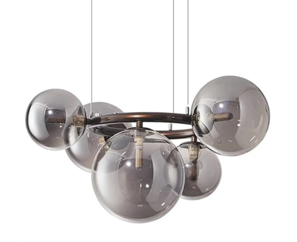 Modern chandelier with glass balls – Designer pendant lamp with smoked shades and a round frame 0