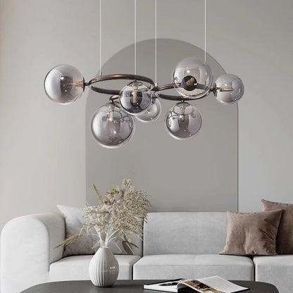 Modern chandelier with glass balls – Designer pendant lamp with smoked shades and a round frame 1