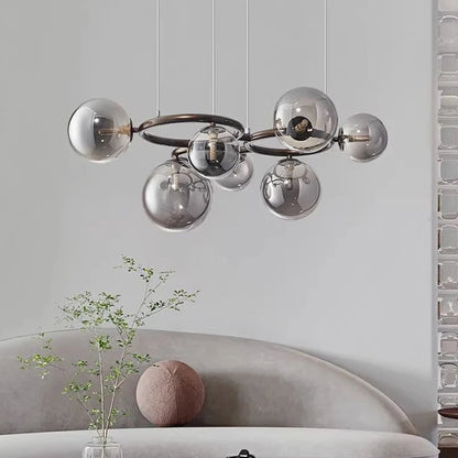 Modern chandelier with glass balls – Designer pendant lamp with smoked shades and a round frame 2