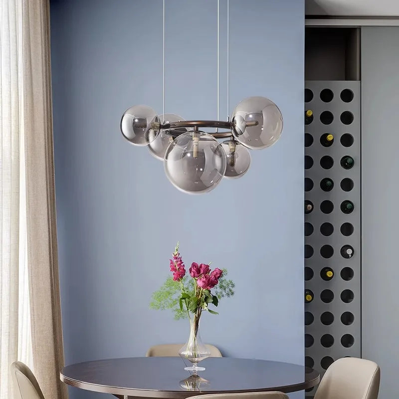 Modern chandelier with glass balls – Designer pendant lamp with smoked shades and a round frame 3