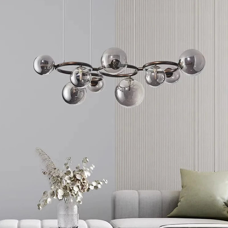 Modern chandelier with glass balls – Designer pendant lamp with smoked shades and a round frame 4