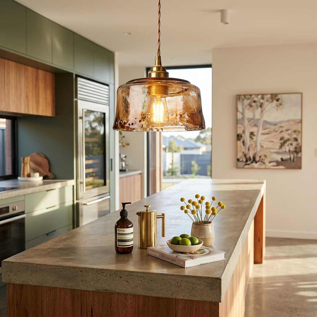 Elara Haus Artisan Amber Glass & Brass Pendant Light