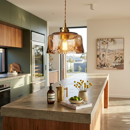 Elara Haus Artisan Amber Glass & Brass Pendant Light