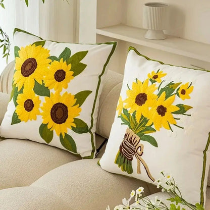 Caelirae - Cotton Embroidered Decorative Cushion 45x45 cm with Sunflower Motif 1