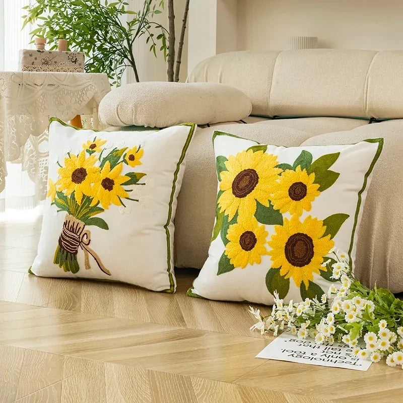 Caelirae - Cotton Embroidered Decorative Cushion 45x45 cm with Sunflower Motif 2