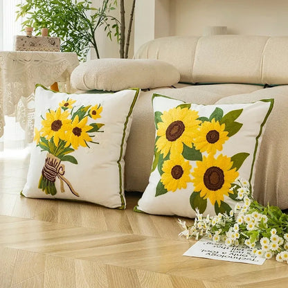 Caelirae - Cotton Embroidered Decorative Cushion 45x45 cm with Sunflower Motif 2