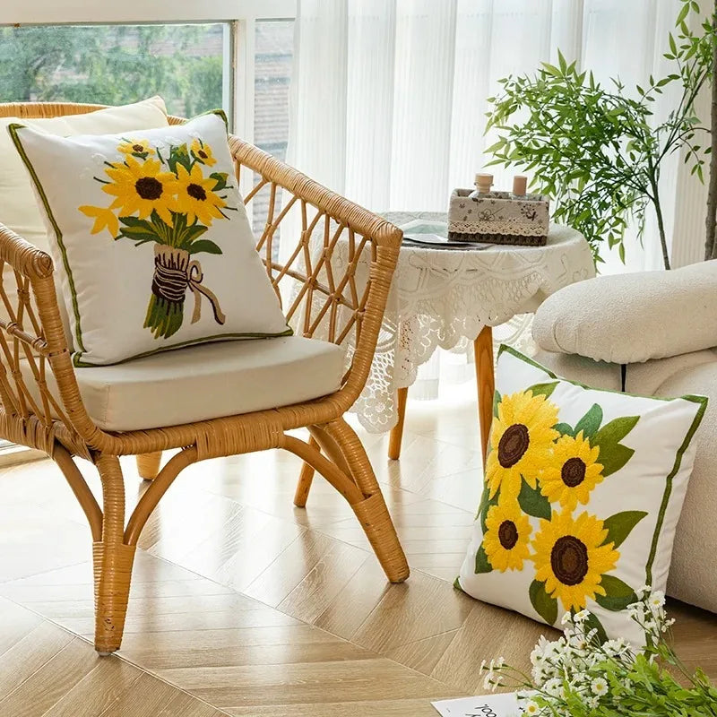 Caelirae - Cotton Embroidered Decorative Cushion 45x45 cm with Sunflower Motif 3