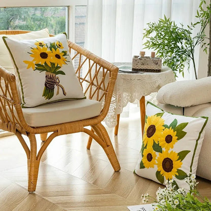 Caelirae - Cotton Embroidered Decorative Cushion 45x45 cm with Sunflower Motif 3