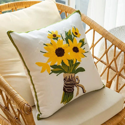 Caelirae - Cotton Embroidered Decorative Cushion 45x45 cm with Sunflower Motif 5