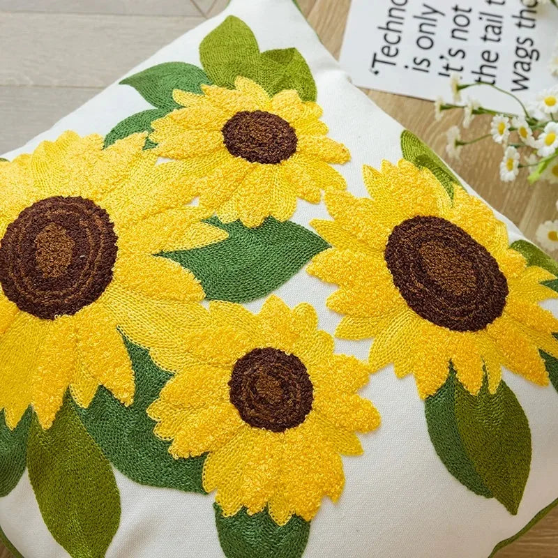 Caelirae - Cotton Embroidered Decorative Cushion 45x45 cm with Sunflower Motif 6