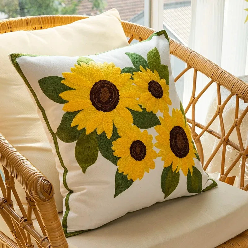 Caelirae - Cotton Embroidered Decorative Cushion 45x45 cm with Sunflower Motif 0