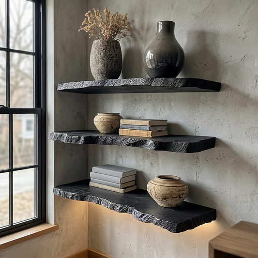 Elara Haus Artisanal Ebony Live Edge Floating Shelves