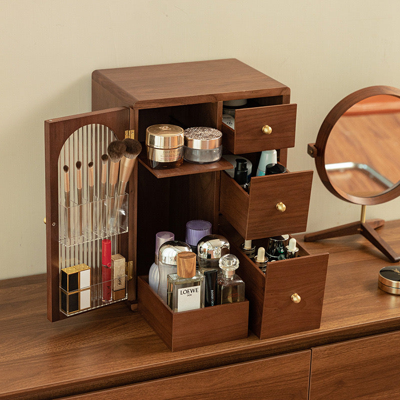 Luxury Wooden Makeup Organizer with Drawers and Brush Holder – Elegant Storage for Cosmetics and Skincare 3