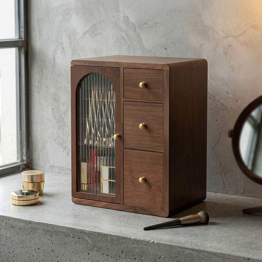 Elara Haus Artisanal Walnut Fluted Glass Vanity Cabinet