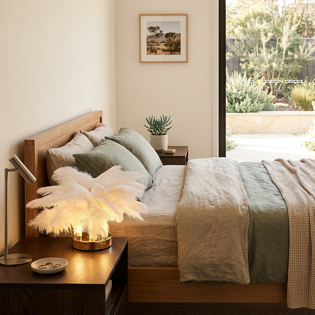 Elara Haus Astra Drift – Architectural Low-Profile Ostrich Feather Lamp